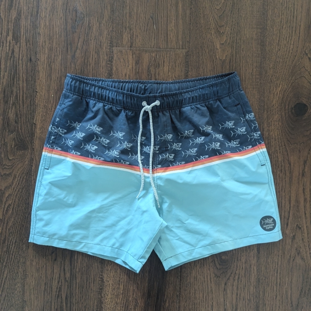Psycho Tuna Cape Blue Men's Swim Pool Board Short Size Large Fish Skeleton Print